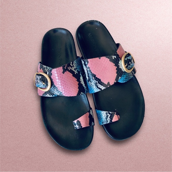 MARION PARKE CYRUS PYTHON PRINT BUCKLE SLIDE SANDALS - Picture 1 of 16